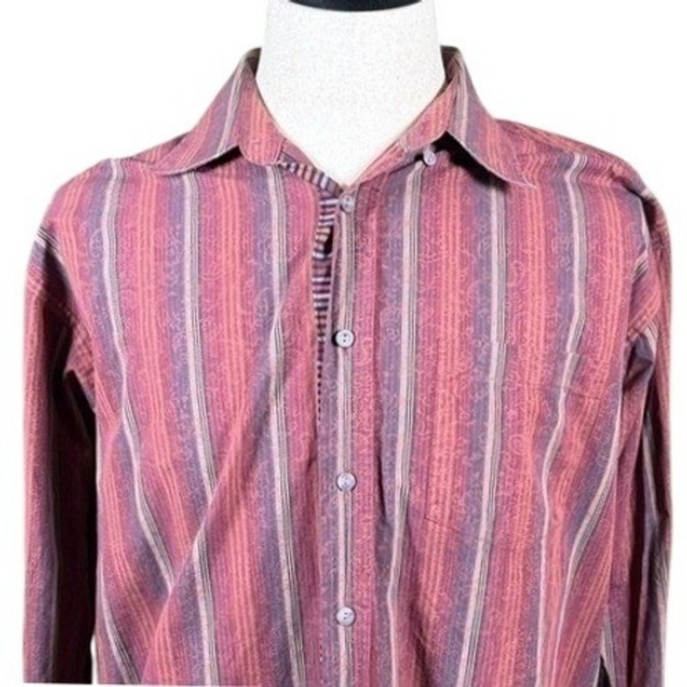 Bugatchi Uomo Shirt Mens Large Button Down‎ Red Multi Striped Paisley Cotton